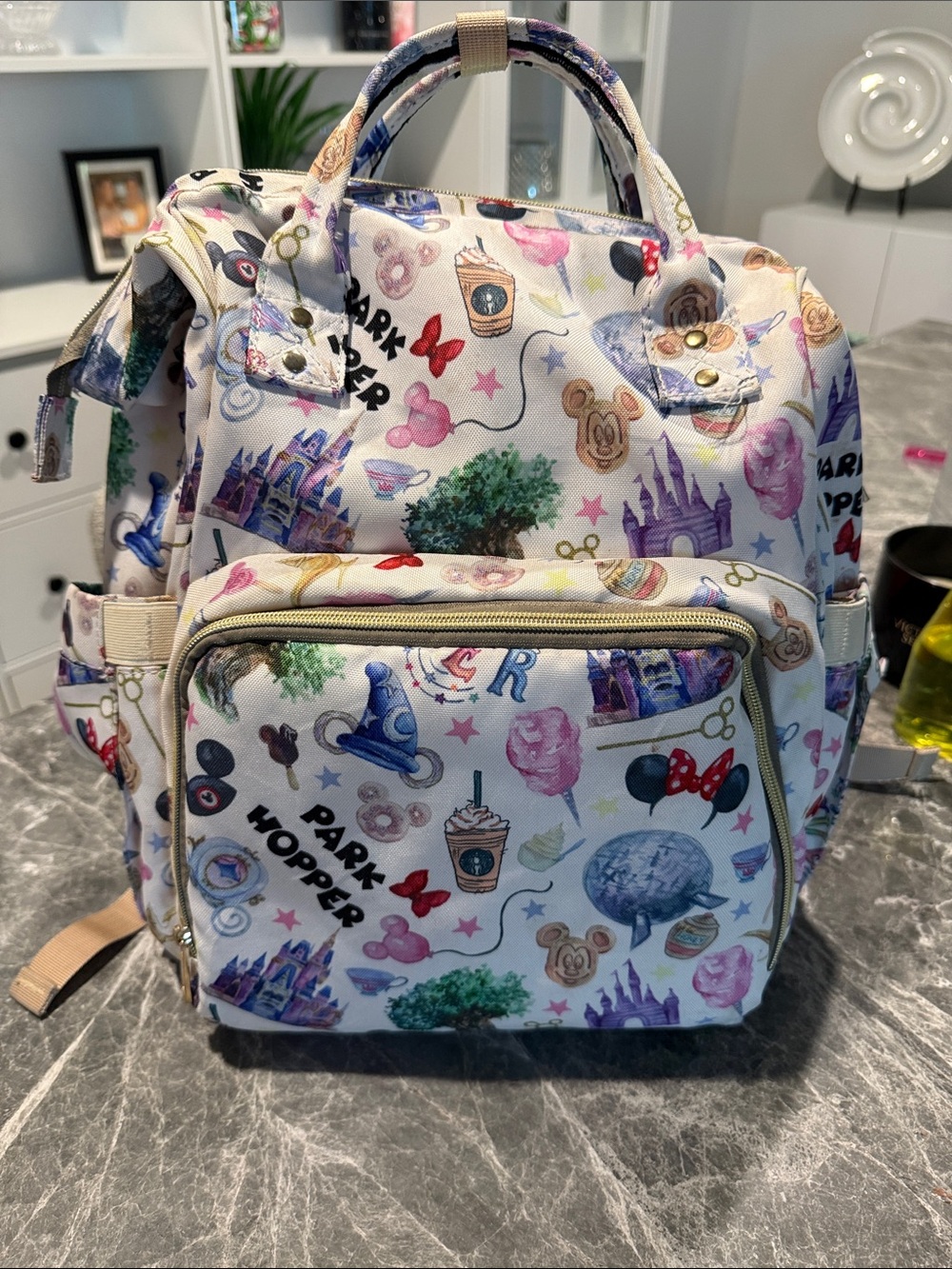 Theme Park Print Canvas Backpack/Diaper Bag in White with Multicolor Icons